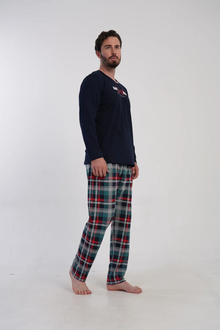 Piżama Męska Vienetta Navy Check, Granatowy, r. M-XXL