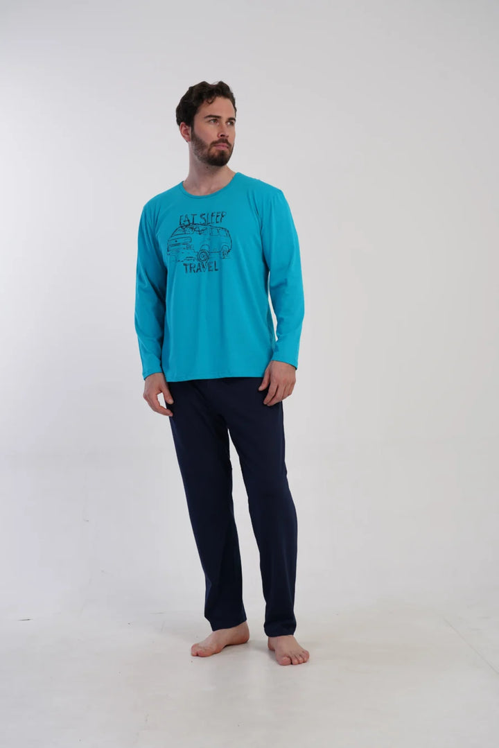 Piżama Męska Vienetta Travel Mood, Niebieski, r. S-XL