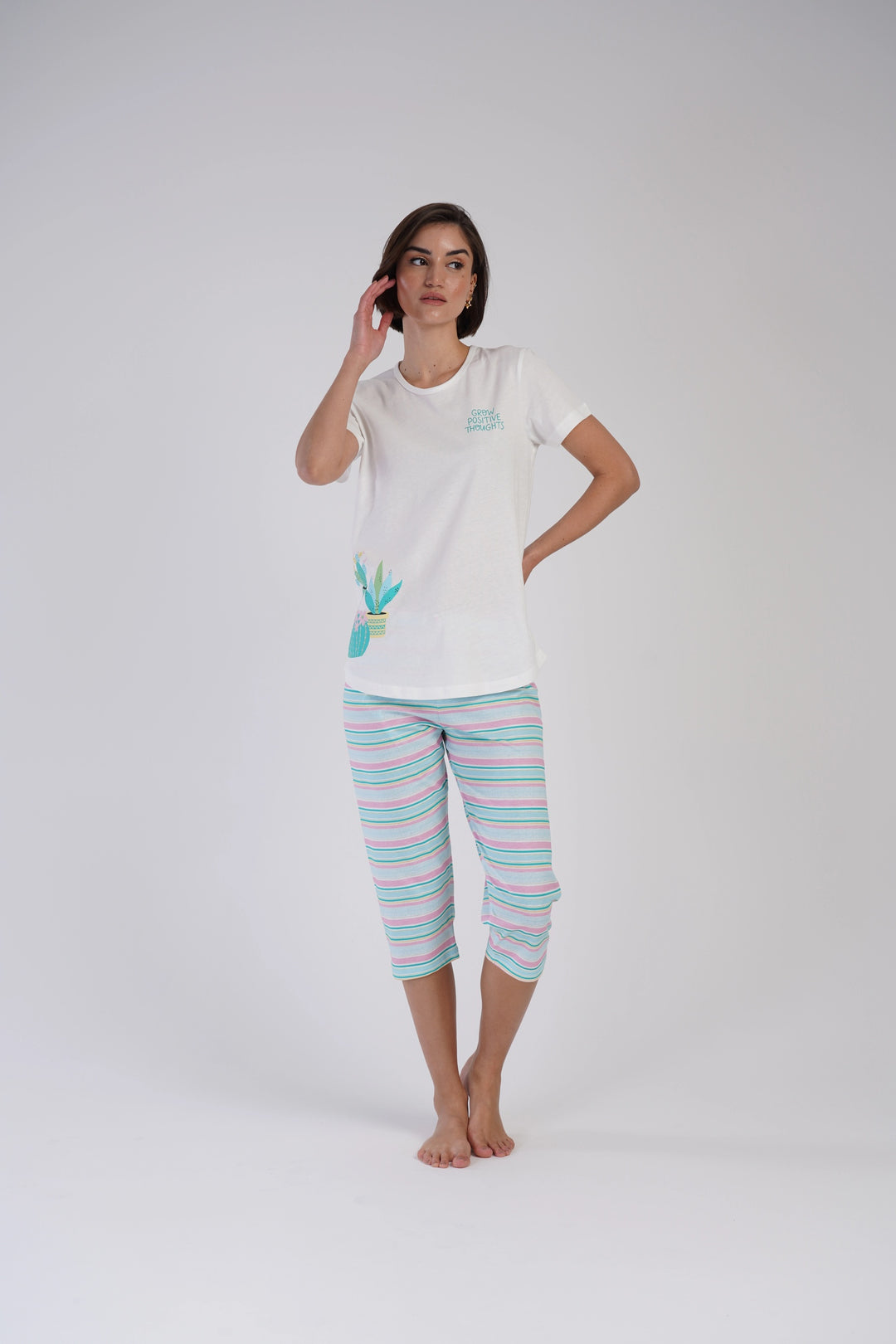 Piżama Damska Vienetta Positive Succuletnts, Biały, r. L-XXL