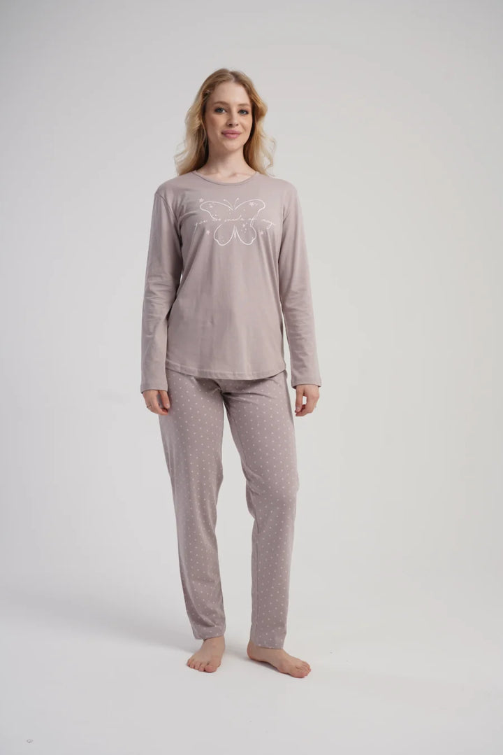 Piżama Damska Vienetta Taupe Butterfly, Beżowy, r. S-XL
