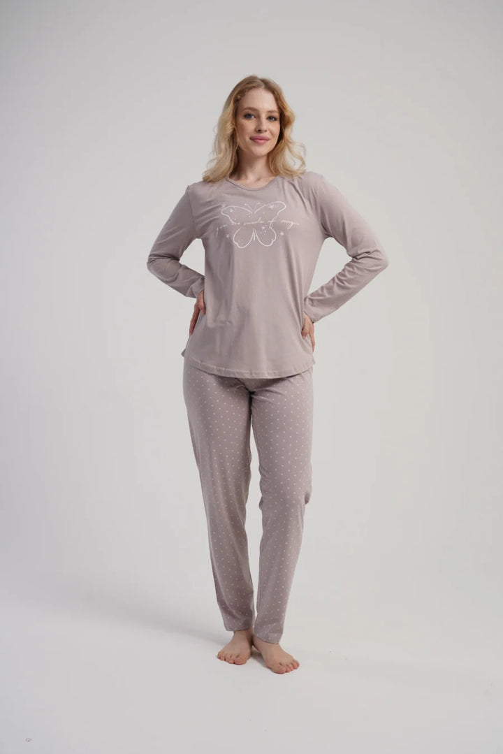 Piżama Damska Vienetta Taupe Butterfly, Beżowy, r. S-XL