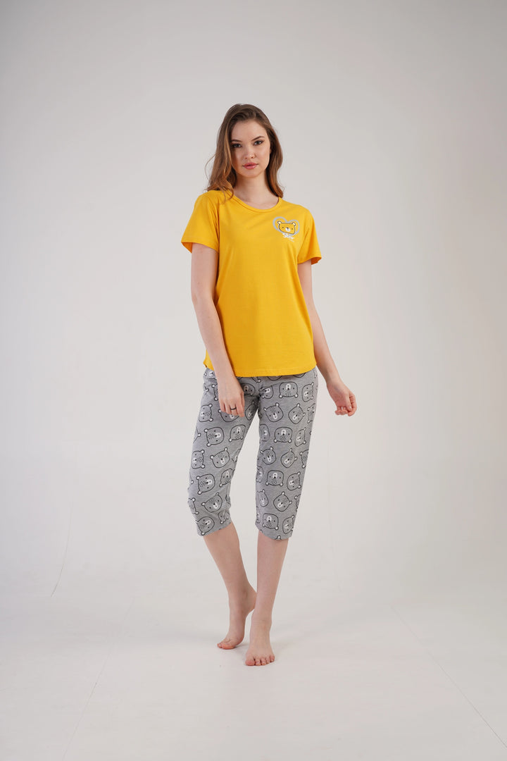 Piżama Damska Vienetta Bear Comfort,, żółto-szara, r. S-XL