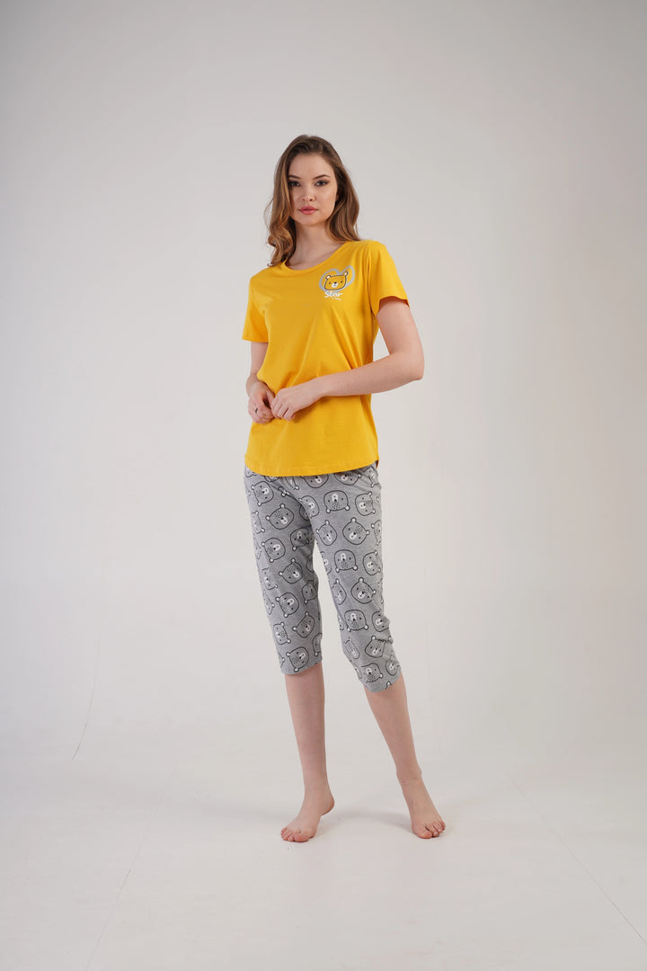 Piżama Damska Vienetta Bear Comfort,, żółto-szara, r. S-XL