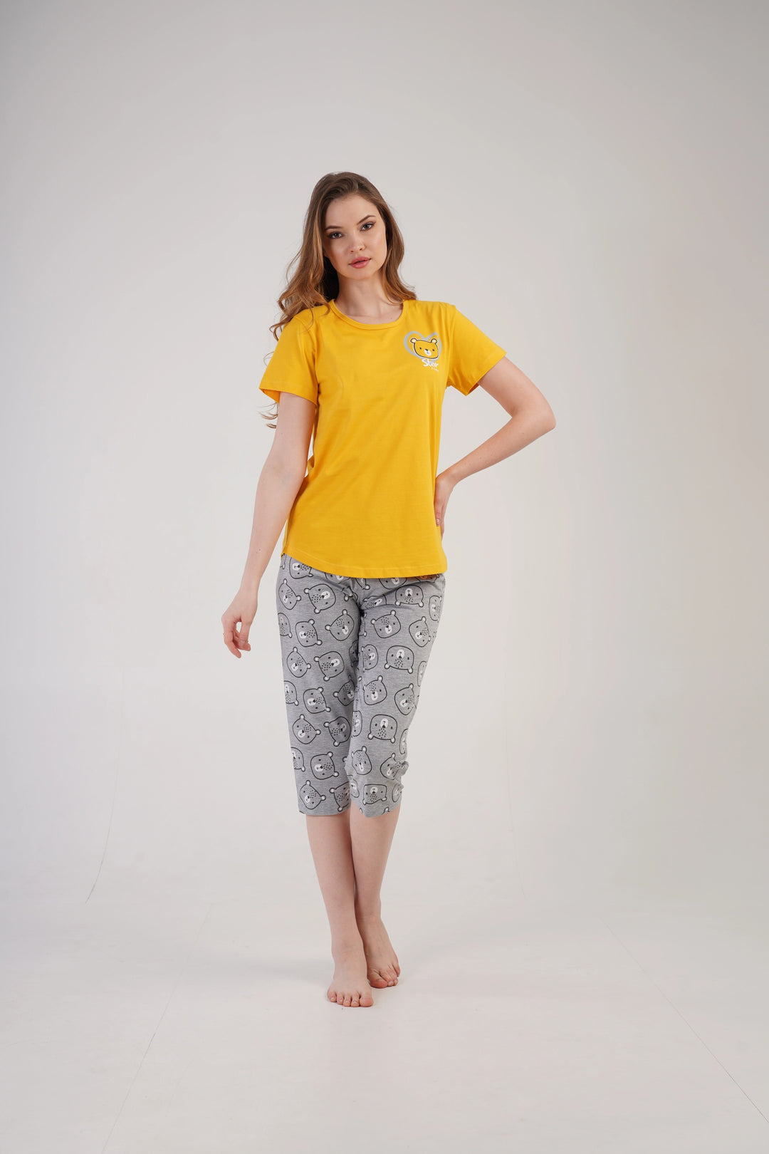 Piżama Damska Vienetta Bear Comfort,, żółto-szara, r. S-XL