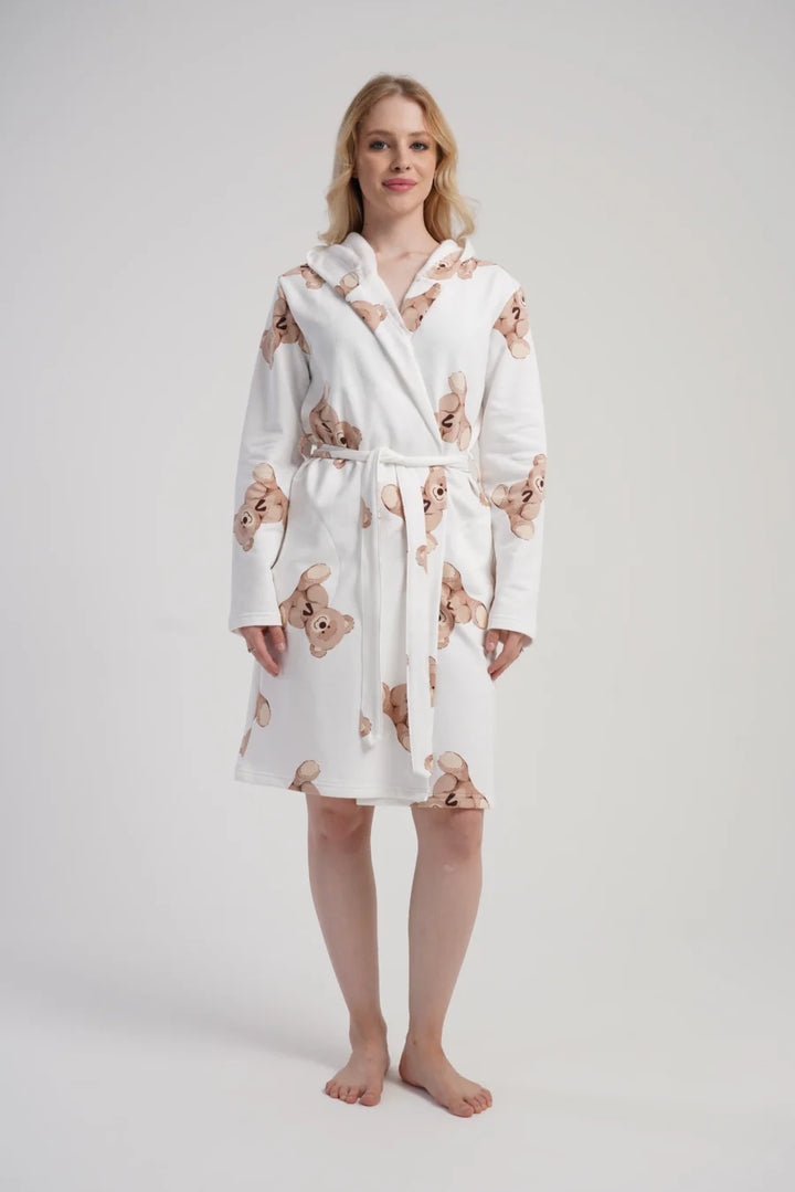 Szlafrok damski Vienetta Cozy Bears, Biały, r. M-XXL