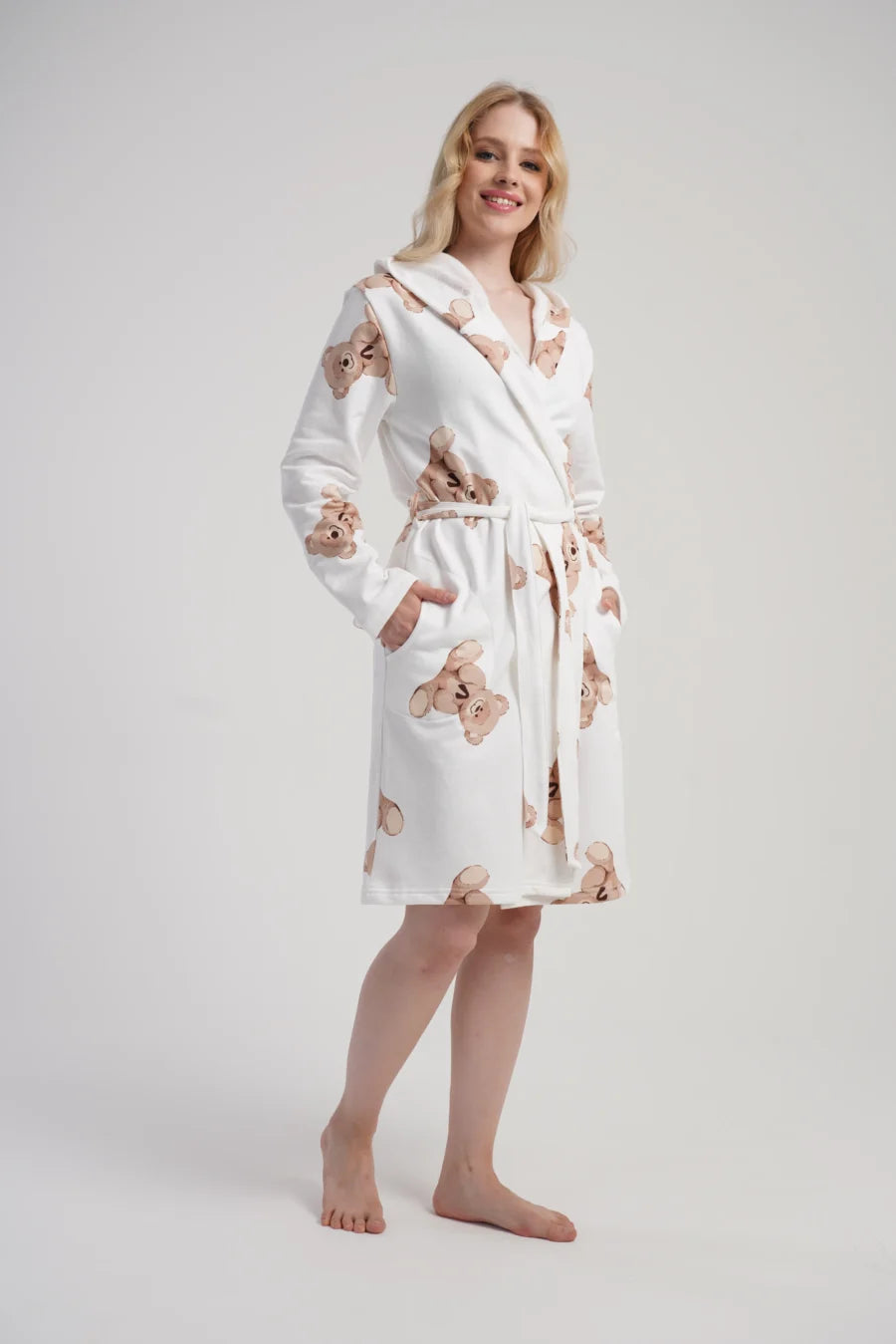 Szlafrok damski Vienetta Cozy Bears, Biały, r. M-XXL