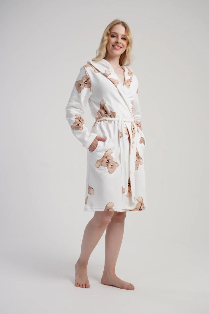 Szlafrok damski Vienetta Cozy Bears, Biały, r. M-XXL