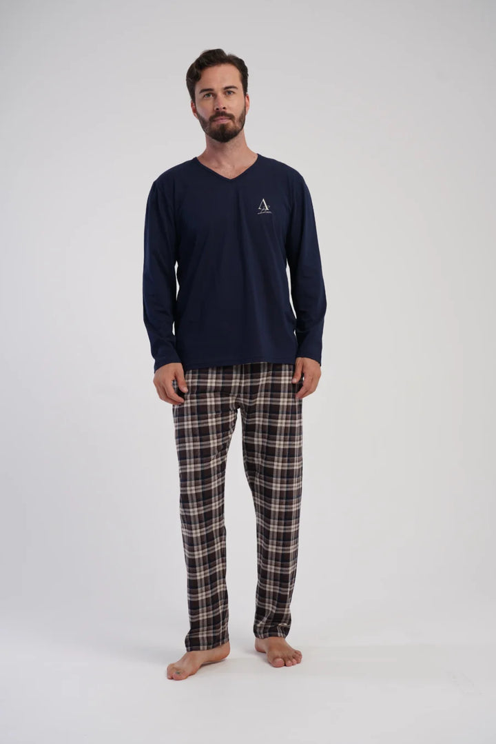 Piżama Męska Vienetta Navy Check, Granatowy, r. 1XL-4XL