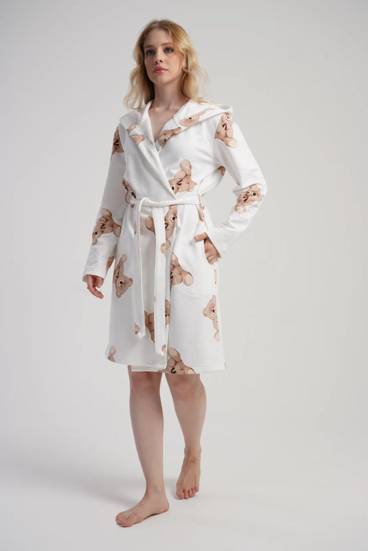 Szlafrok damski Vienetta Cozy Bears, Biały, r. M-XXL
