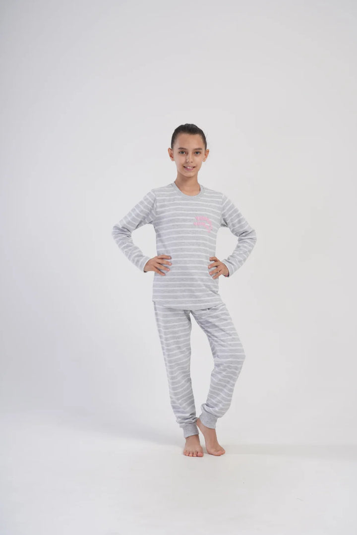 Piżama dziewczęca bawełniana ocieplana Vienetta Cozy Stripes, Szara, r. 128 - 158