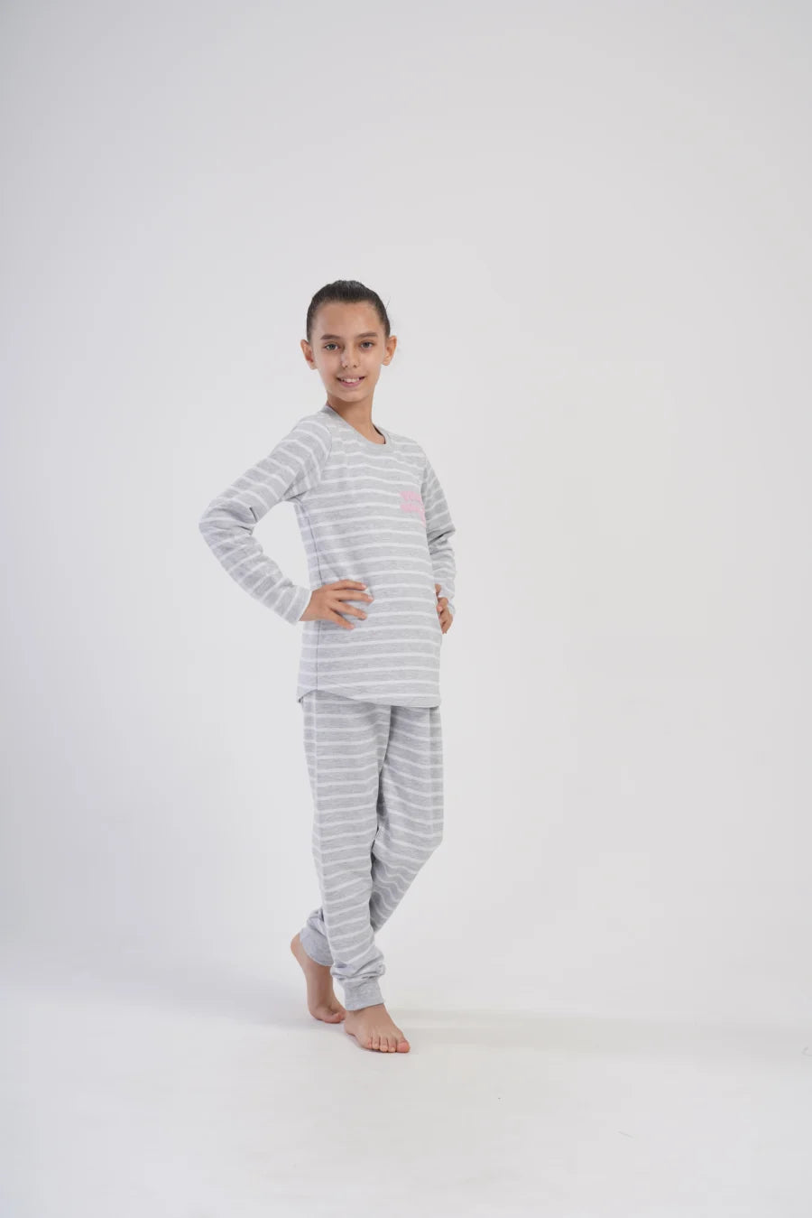 Piżama dziewczęca bawełniana ocieplana Vienetta Cozy Stripes, Szara, r. 128 - 158