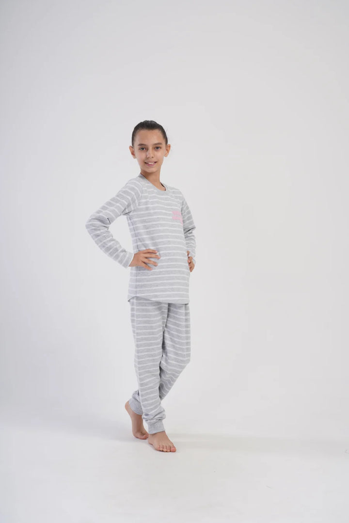 Piżama dziewczęca bawełniana ocieplana Vienetta Cozy Stripes, Szara, r. 128 - 158