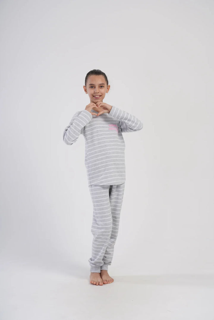 Piżama dziewczęca bawełniana ocieplana Vienetta Cozy Stripes, Szara, r. 128 - 158