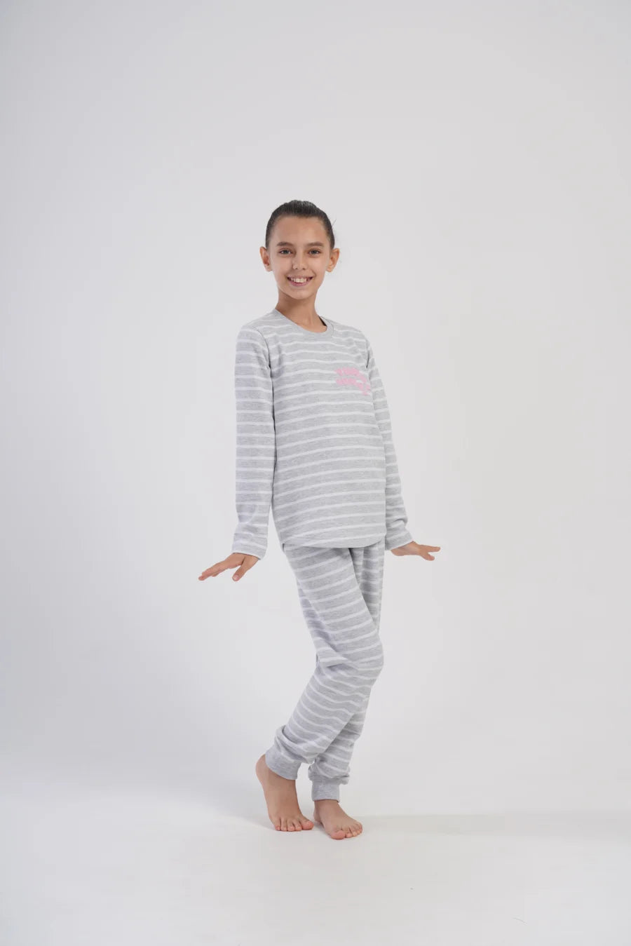 Piżama dziewczęca bawełniana ocieplana Vienetta Cozy Stripes, Szara, r. 128 - 158