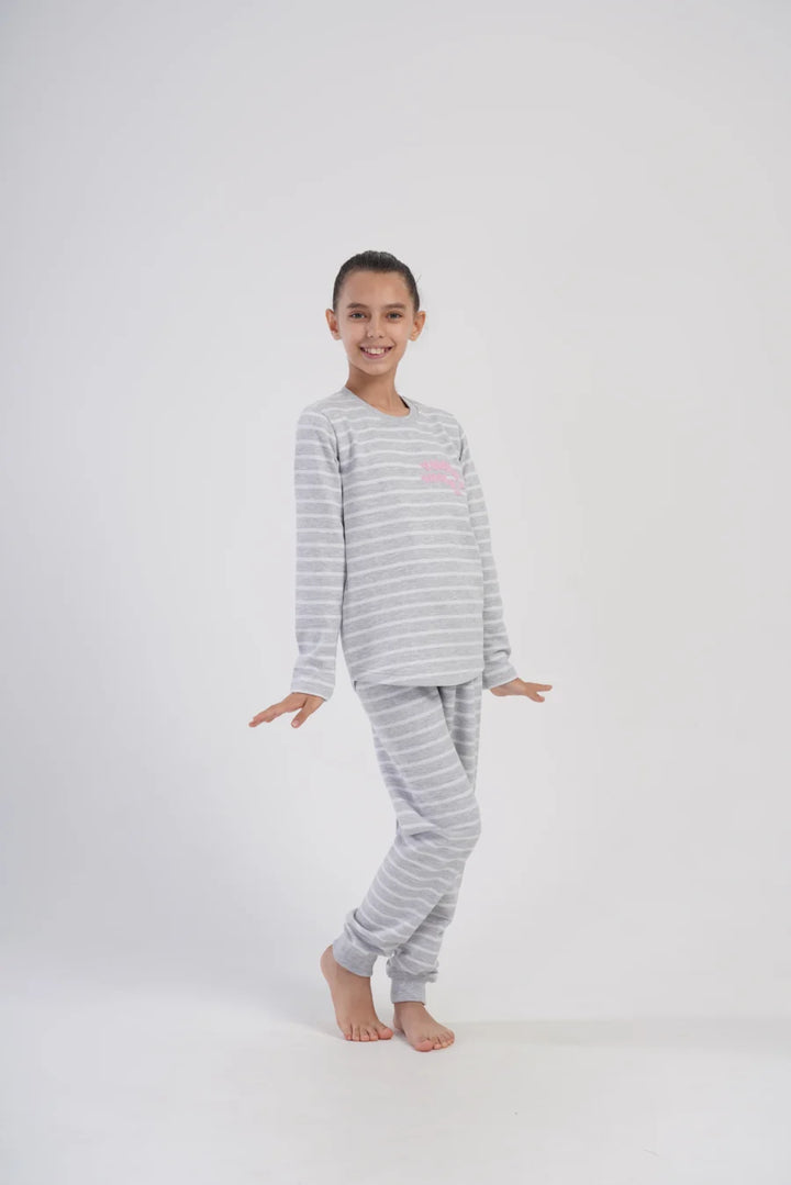 Piżama dziewczęca bawełniana ocieplana Vienetta Cozy Stripes, Szara, r. 128 - 158