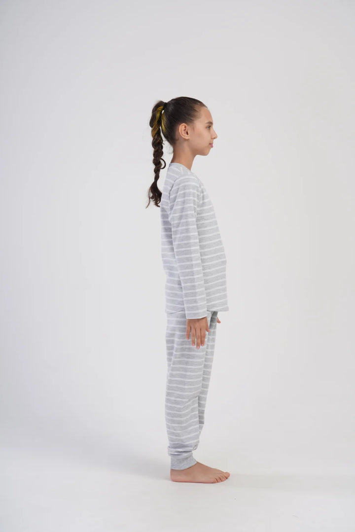 Piżama dziewczęca bawełniana ocieplana Vienetta Cozy Stripes, Szara, r. 128 - 158