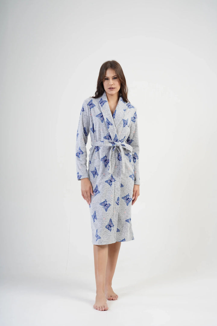 Szlafrok damski polarowy Vienetta, Butterfly Long, Szary, r. S-XL