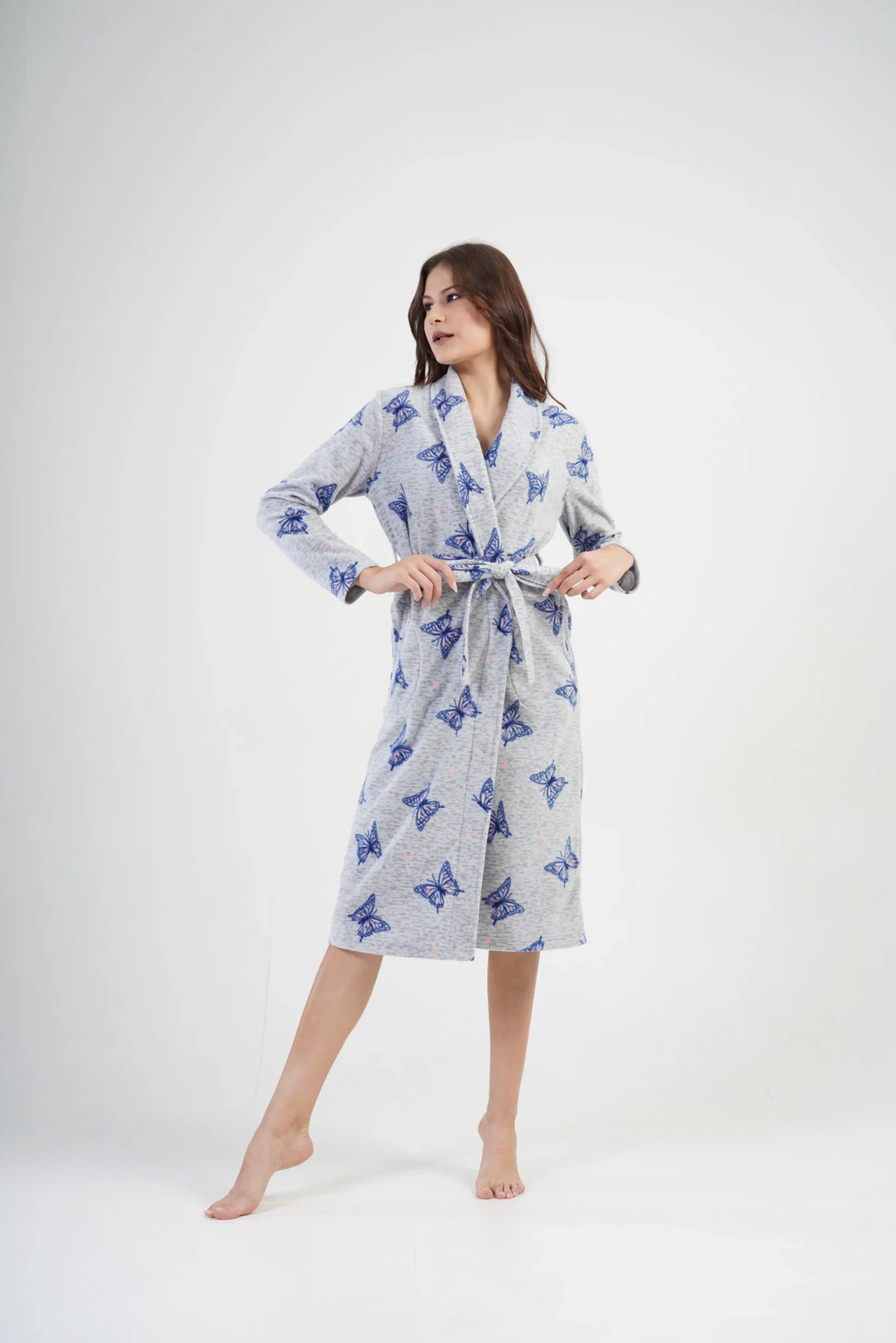 Szlafrok damski polarowy Vienetta, Butterfly Long, Szary, r. S-XL