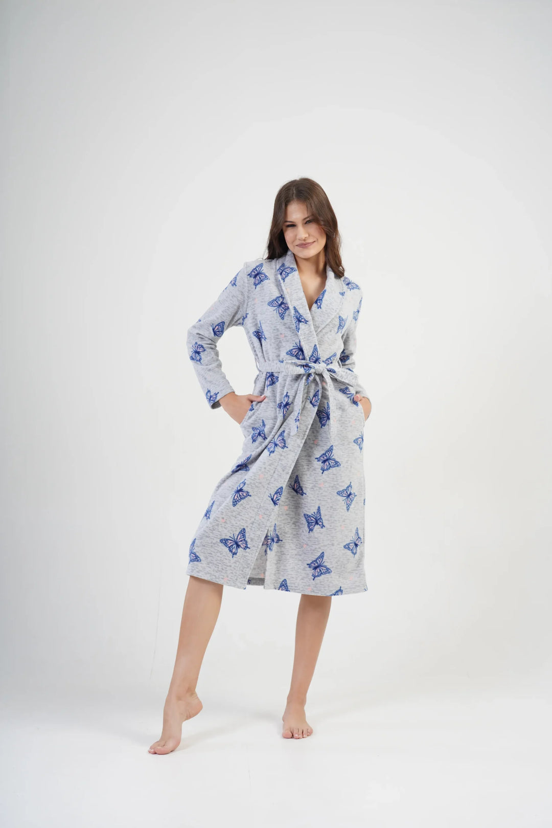 Szlafrok damski polarowy Vienetta, Butterfly Long, Szary, r. S-XL