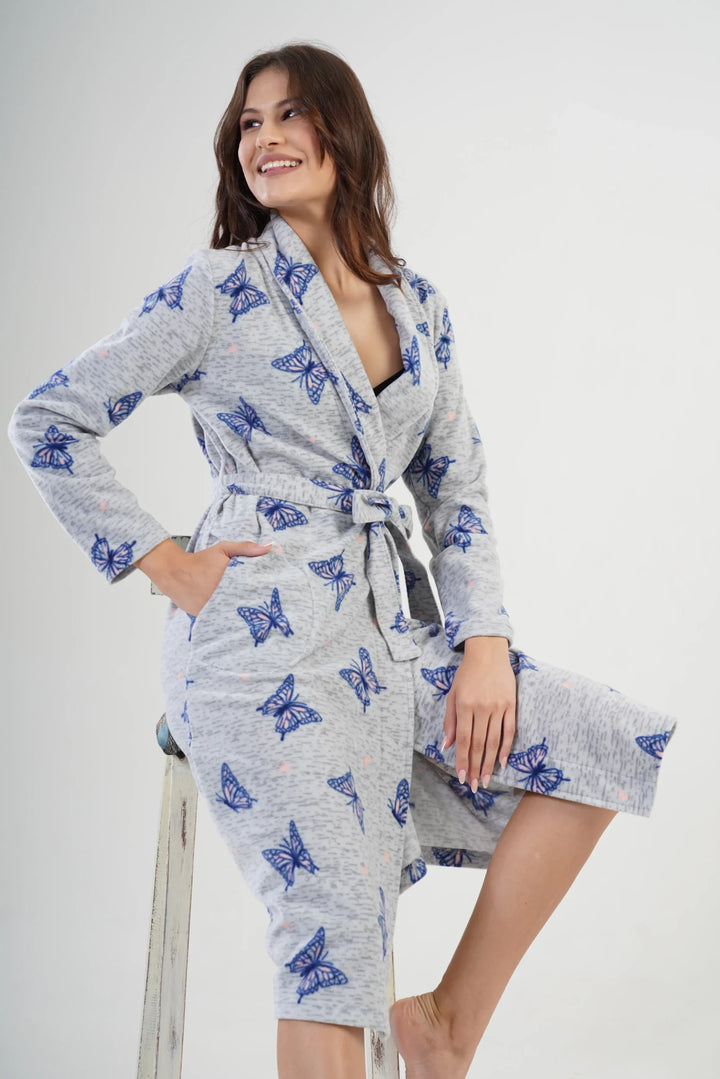 Szlafrok damski polarowy Vienetta, Butterfly Long, Szary, r. S-XL