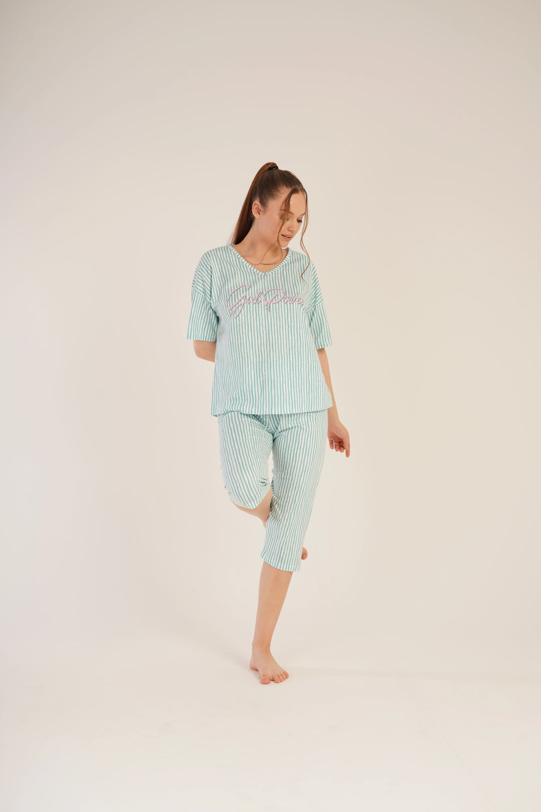 Piżama Damska Vienetta Soft Night Delight, biało-zielona, r. S-XL