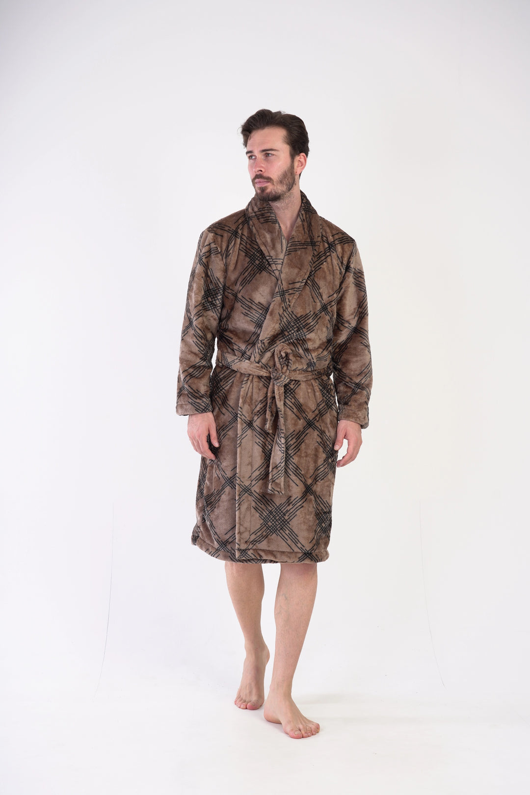 Szlafrok męski softowy Vienetta Tartan Treats Brown, brązowy, r. M-XXL