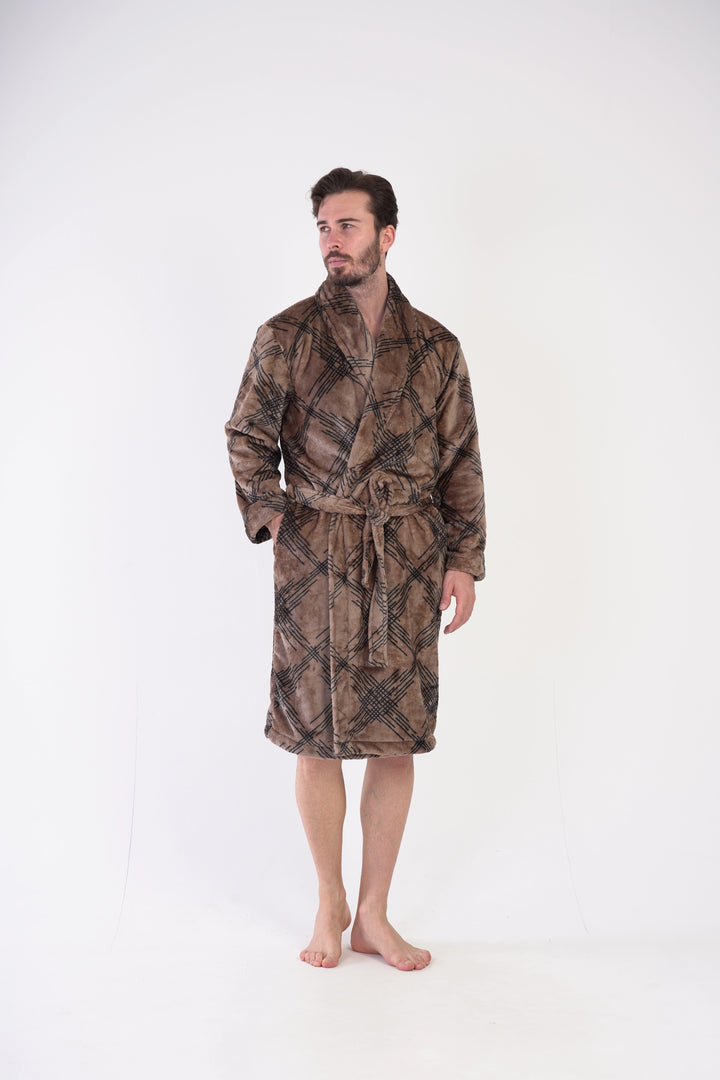 Szlafrok męski softowy Vienetta Tartan Treats Brown, brązowy, r. M-XXL
