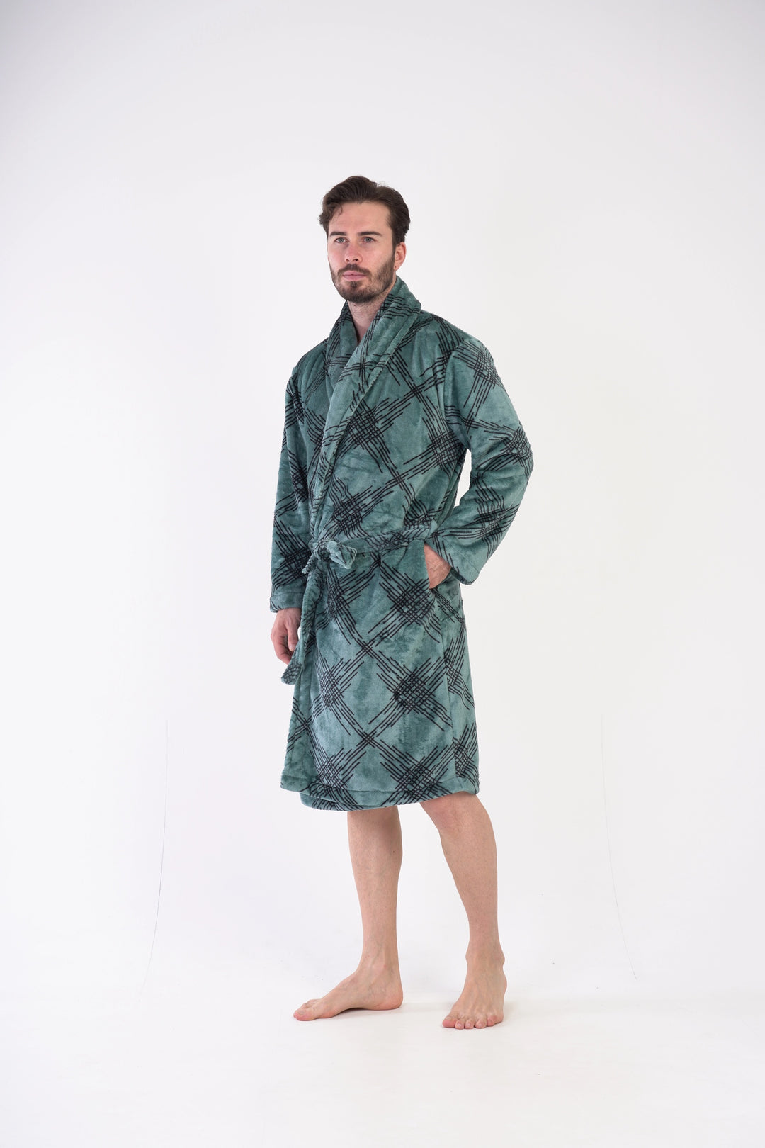 Szlafrok męski softowy Vienetta Tartan Treats Pine, zielony, r. M-XXL