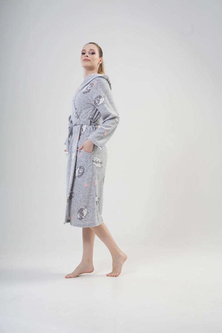 Szlafrok damski polarowy Vienetta, Hedgehog Robe, Szary, r. S-XL