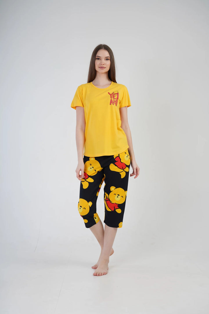 Piżama Damska Vienetta Yeah Bear, żółto-czarna, r. S-XL