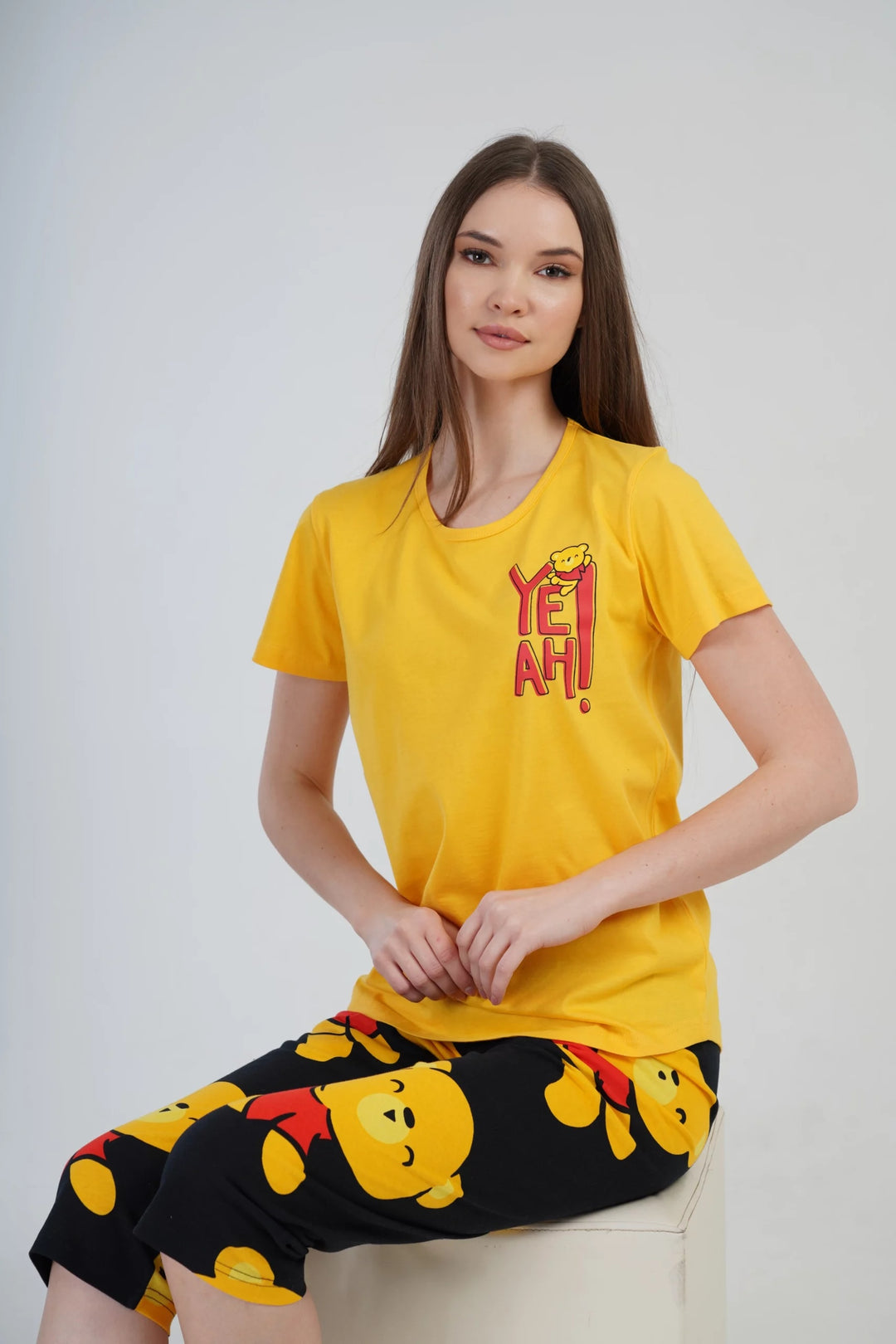 Piżama Damska Vienetta Yeah Bear, żółto-czarna, r. S-XL