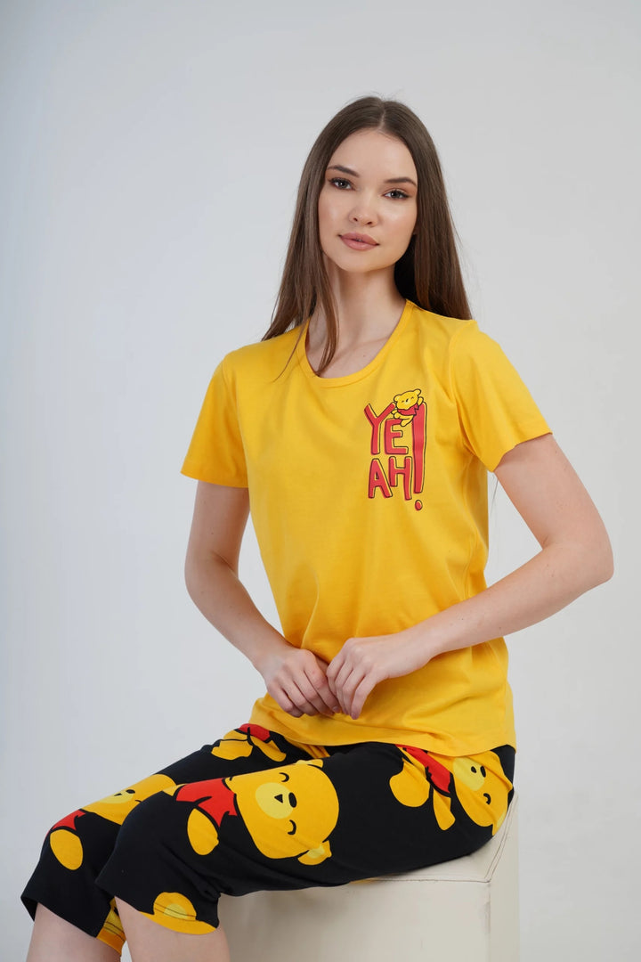 Piżama Damska Vienetta Yeah Bear, żółto-czarna, r. S-XL