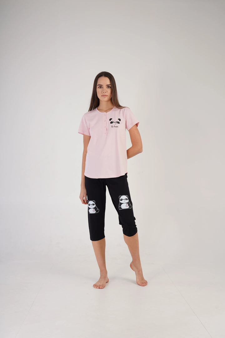 Piżama Damska Vienetta Lovely Panda, różowo-czarna, r. M-XXL