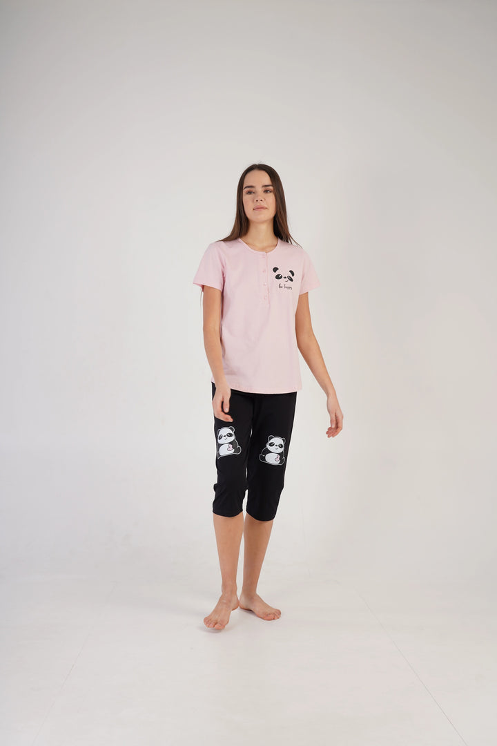 Piżama Damska Vienetta Lovely Panda, różowo-czarna, r. M-XXL