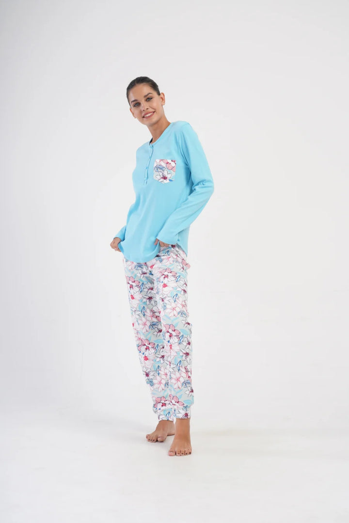 Piżama Damska Vienetta Blue Garden, Niebieski, r. S-XL