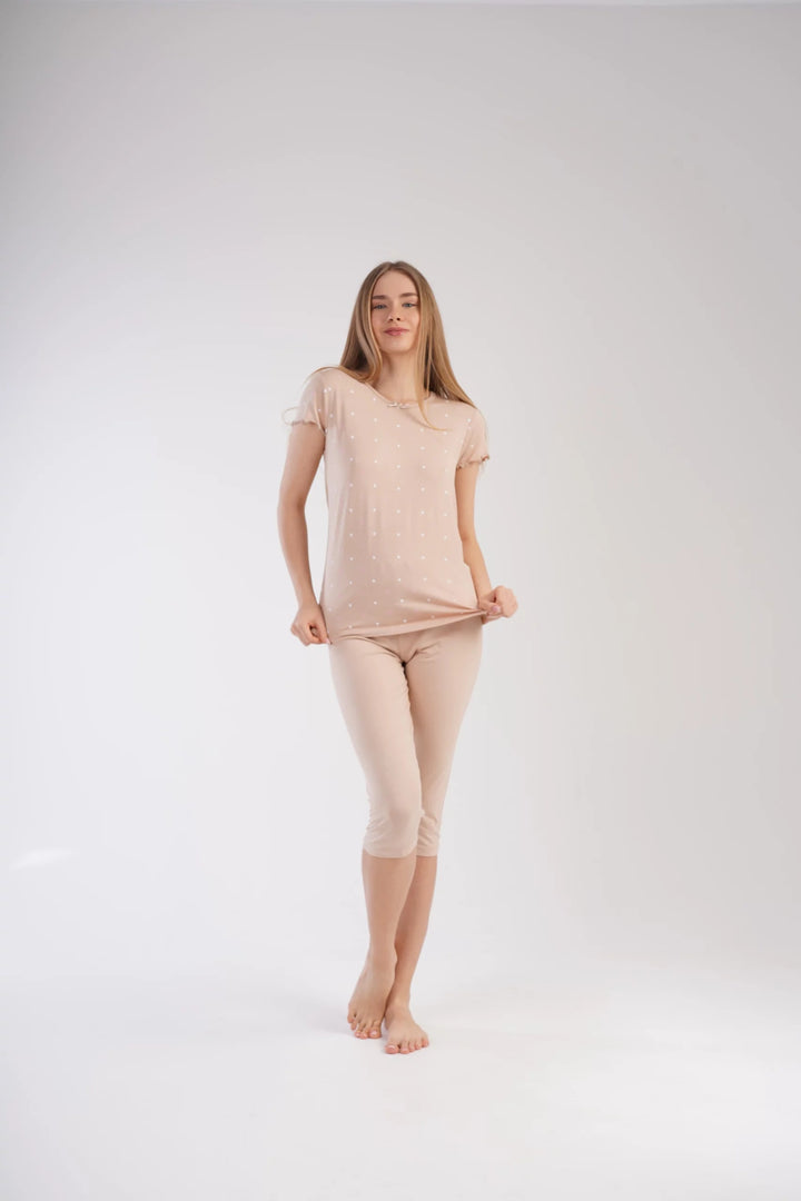 Piżama Damska Vienetta Whimsical Dots, beżowa, r. S-XL