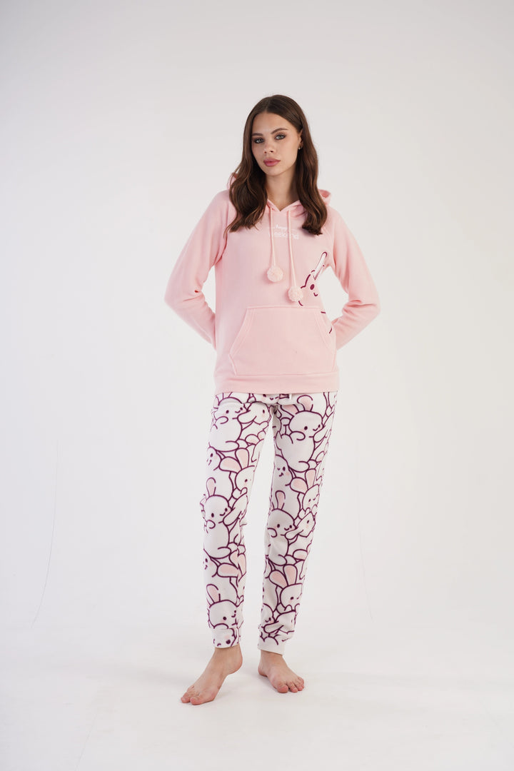 Piżama Damska Polarowa Vienetta Happy Bunny Hoodie, brzoskwiniowa, r. S-XL