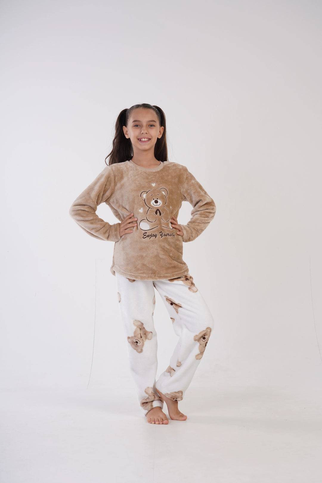 Piżama dziewczęca Vienetta Enjoy Teddy Bear, beżowo-biała, r. 134-164