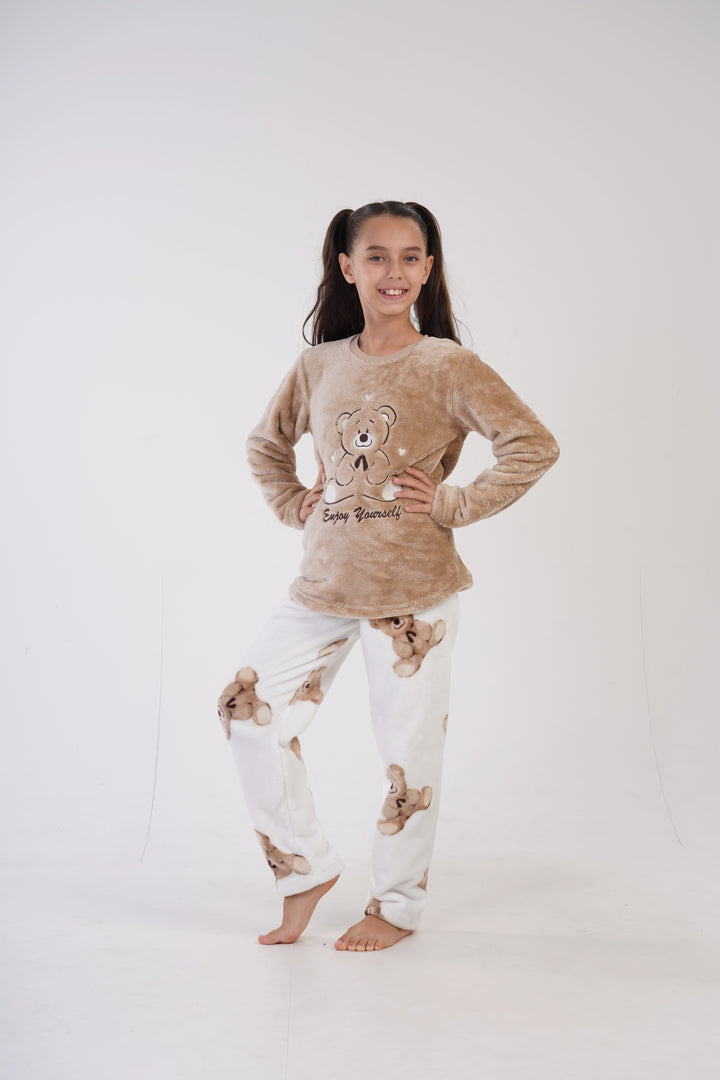 Piżama dziewczęca Vienetta Enjoy Teddy Bear, beżowo-biała, r. 134-164