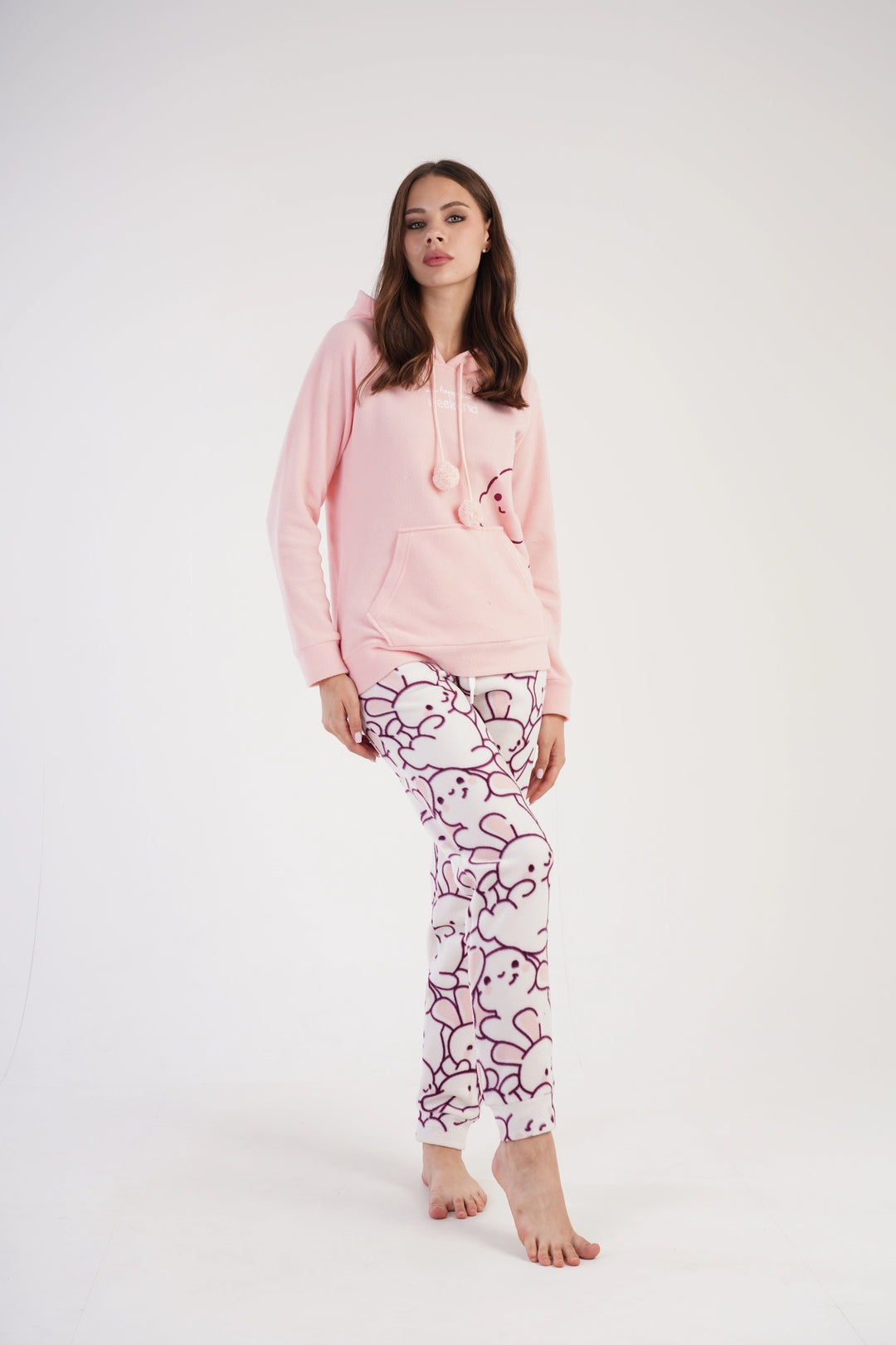 Piżama Damska Polarowa Vienetta Happy Bunny Hoodie, brzoskwiniowa, r. S-XL