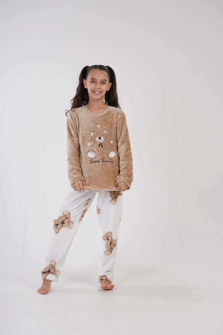 Piżama dziewczęca Vienetta Enjoy Teddy Bear, beżowo-biała, r. 134-164