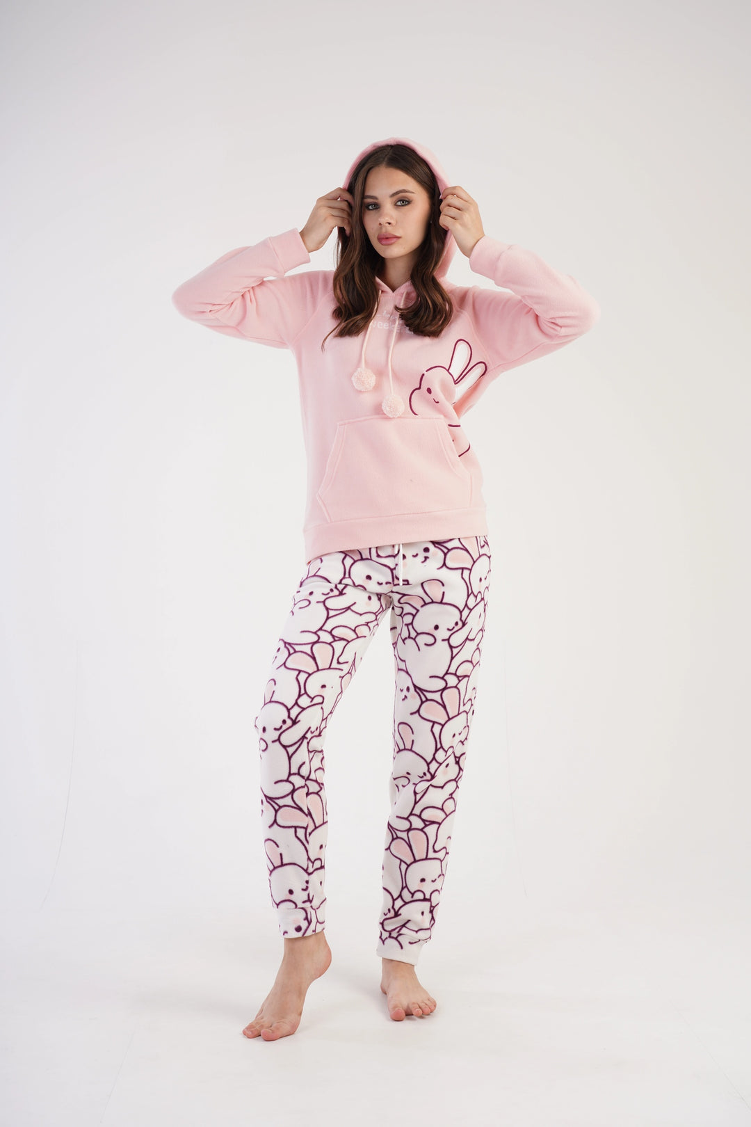 Piżama Damska Polarowa Vienetta Happy Bunny Hoodie, brzoskwiniowa, r. S-XL