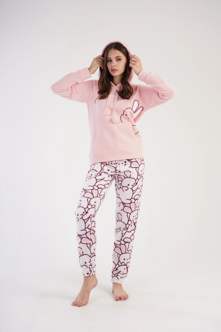 Piżama Damska Polarowa Vienetta Happy Bunny Hoodie, brzoskwiniowa, r. S-XL