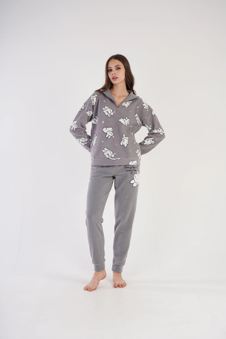 Piżama Damska Polarowa Vienetta Chilly Chirpers', szara, r. S-XL