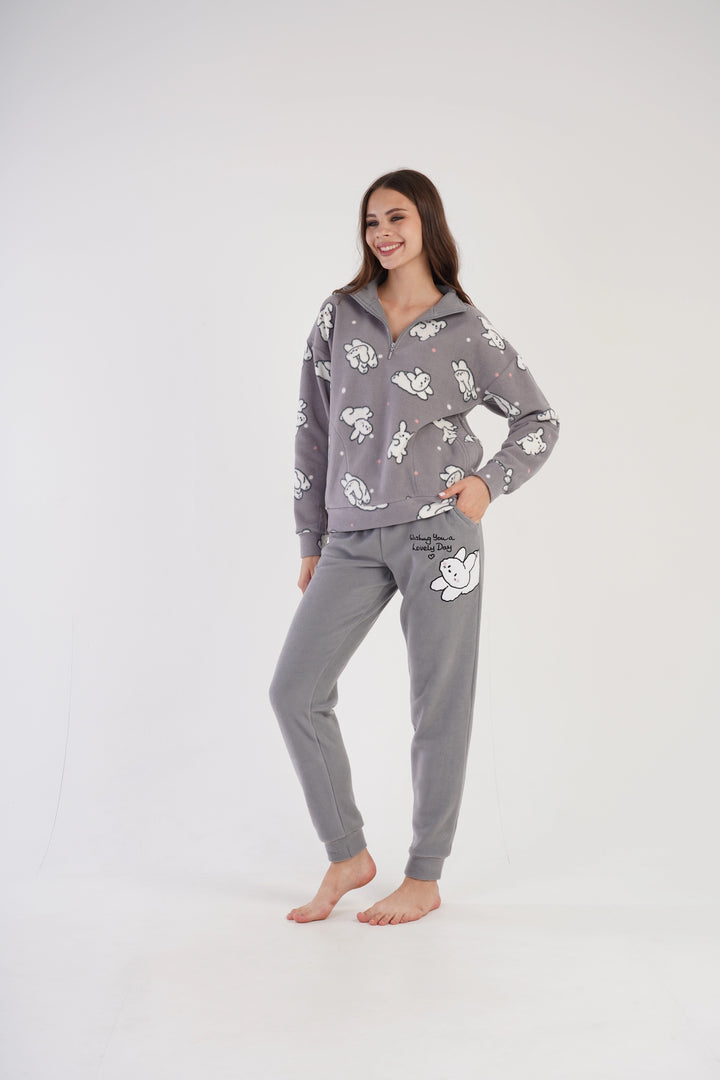 Piżama Damska Polarowa Vienetta Chilly Chirpers', szara, r. S-XL