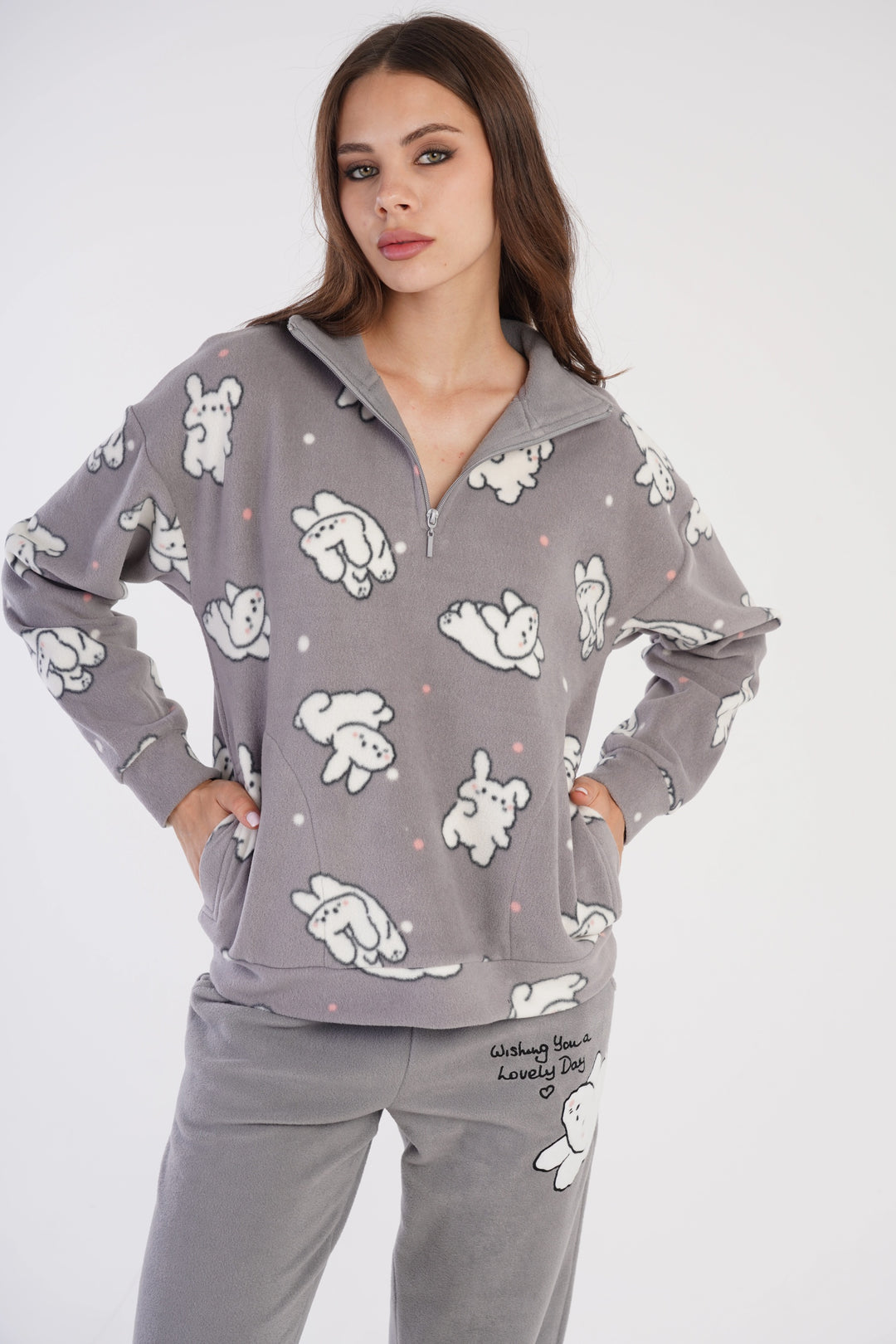 Piżama Damska Polarowa Vienetta Chilly Chirpers', szara, r. S-XL