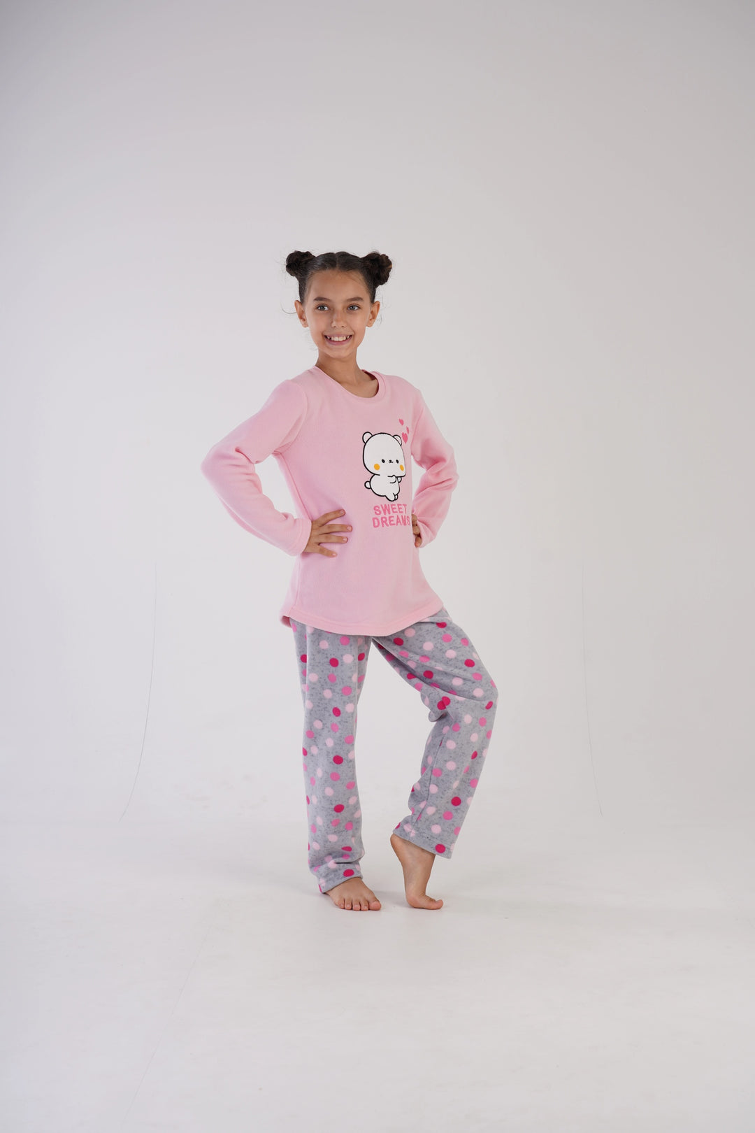 Piżama dziewczęca polarowa Vienetta Sweet Dots Pink, szaro-różowa, r. 128-158