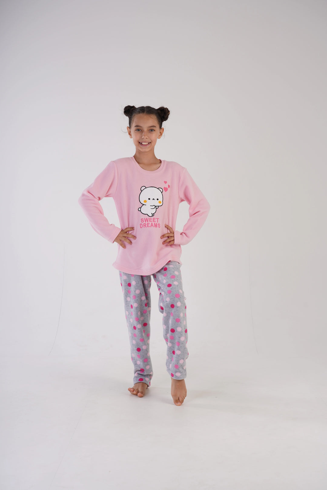 Piżama dziewczęca polarowa Vienetta Sweet Dots Pink, szaro-różowa, r. 128-158