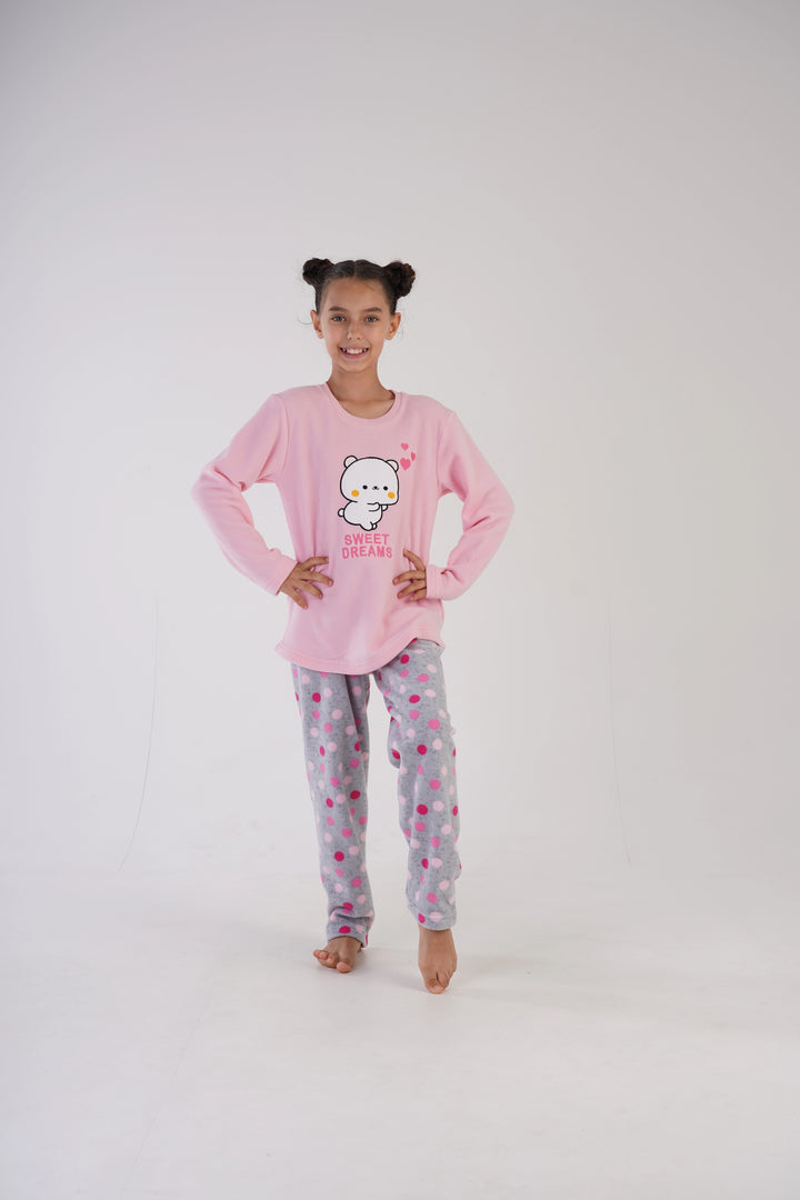 Piżama dziewczęca polarowa Vienetta Sweet Dots Pink, szaro-różowa, r. 128-158