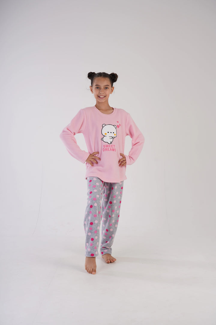 Piżama dziewczęca polarowa Vienetta Sweet Dots Pink, szaro-różowa, r. 128-158